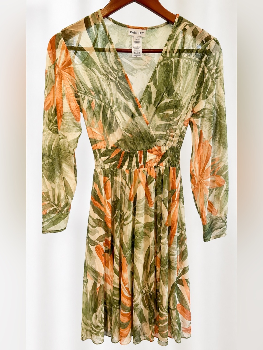 Kate & Lily Tropical Floral Faux Wrap Dress Size 4 Green Orange Long Sleeve Line